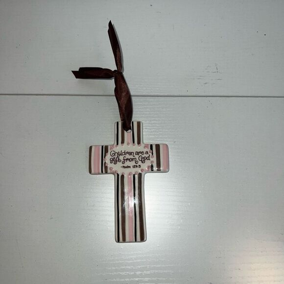 Sue Berk Designs Ceramic Glazed Cross Children are a gift from God Pink Brown - Picture 1 of 6